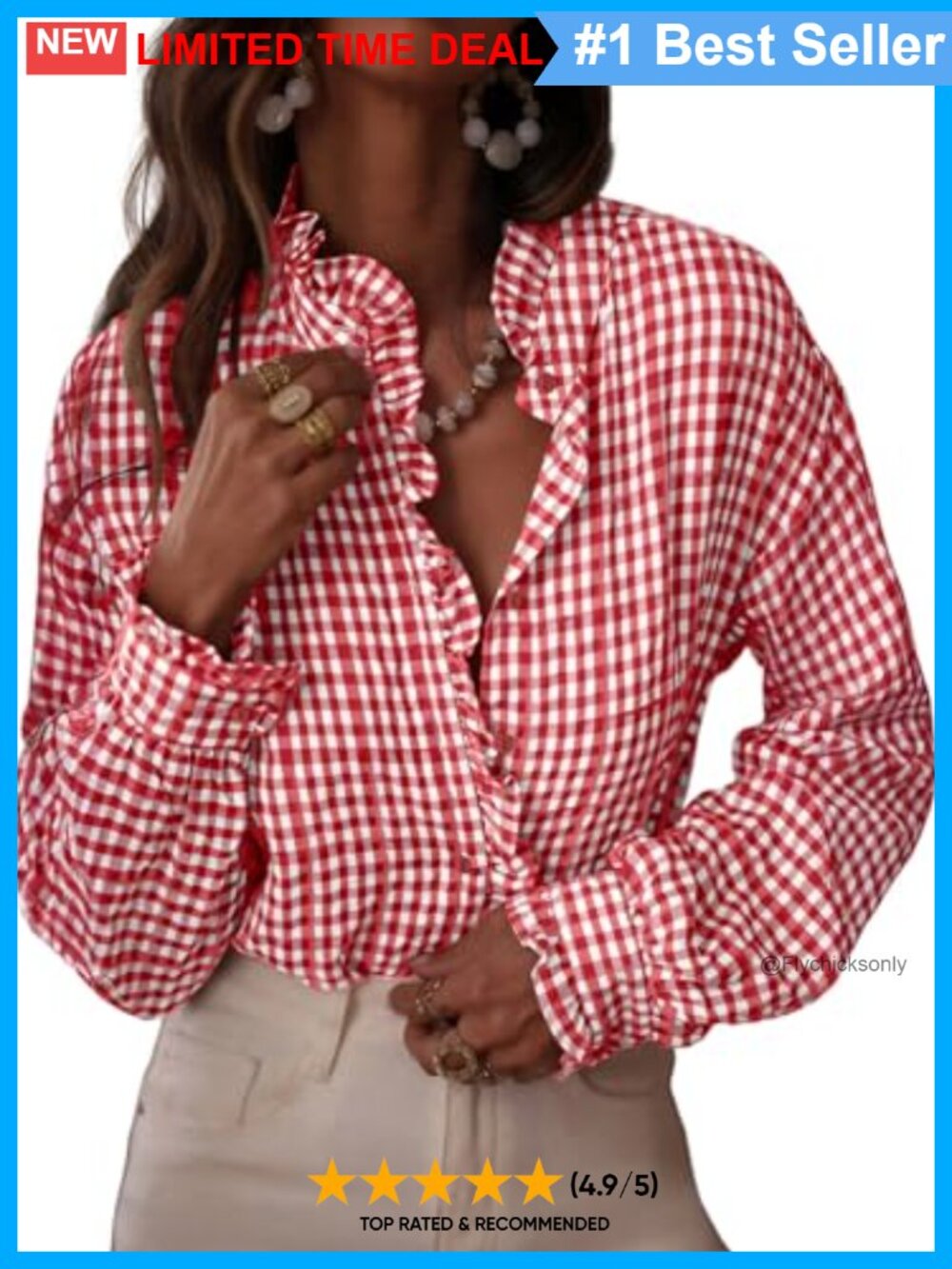 Womens Plaid Ruffle V Neck Button Down Blouse Long Sleeve Gingham Top